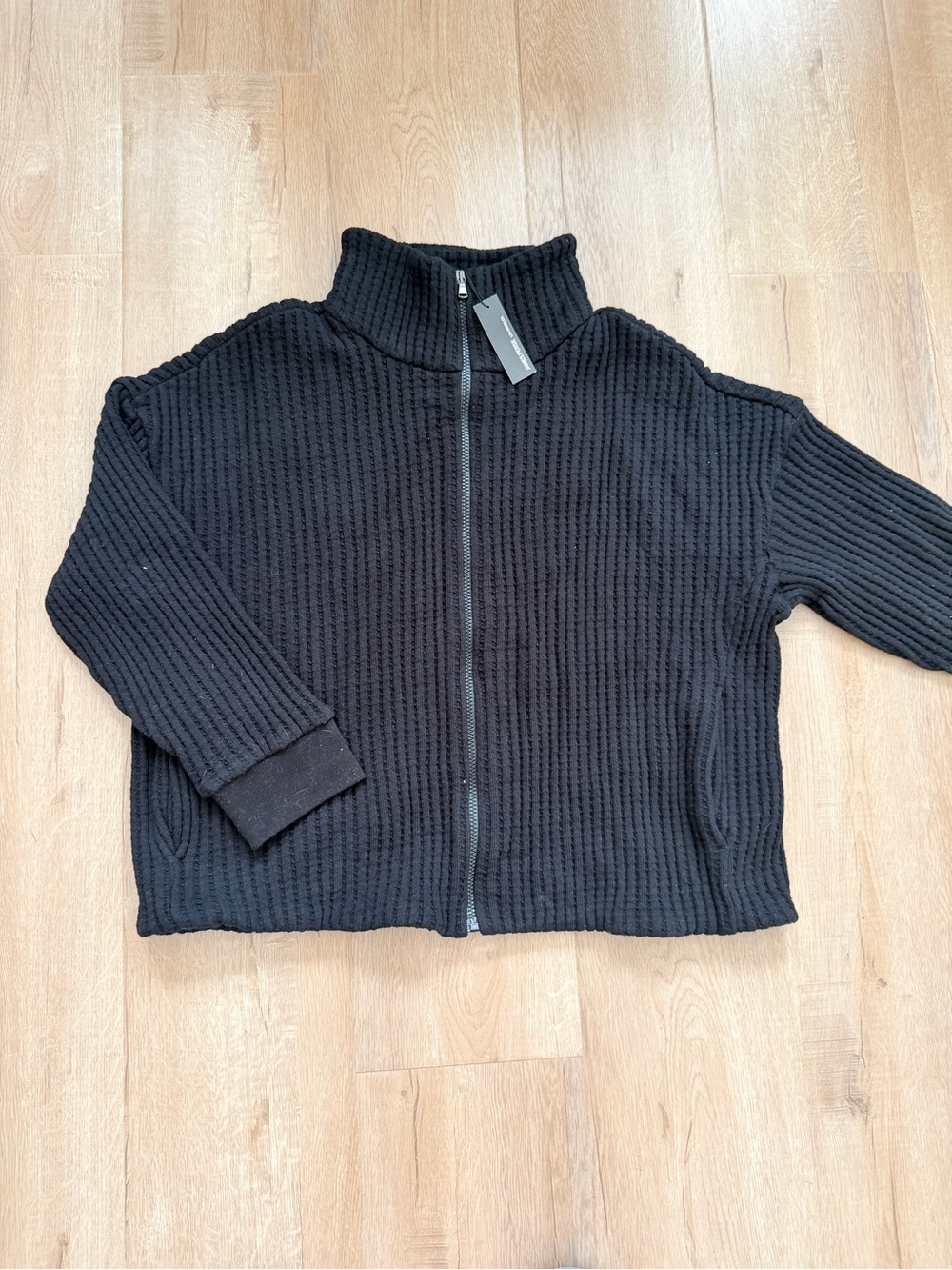 James Perse Women’s 3 (L) 100% Cotton Zip Black Ribbed Lined Jacket Sweater NWT